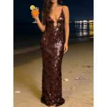 Women's Sequin Formal Dress V-Neck Sleeveless Backless Sparkle Long Evening Maxi Party Prom Dress - Màu nâu Sô-cô-la - Xem 1