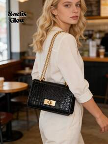 Faux Leather Solid Color Crocodile Embossed Fashion Mini Chain Crossbody Bag - màu đen - Xem 2