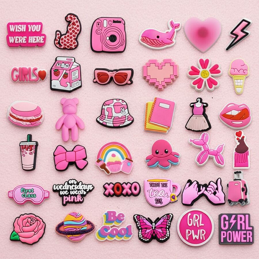 36Pcs Soft PVC Pink Girly Aesthetic And Y2K Baddie Shoe Charms Set Compatible With Garden Sandals Sweet Party Favor Gift - Multicolor - View 1