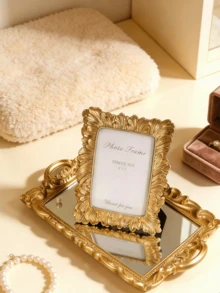 1pc Large Petal-Shaped Resin Photo Frame Stand, Vintage Style Resin Frame, Decorated With Succulents And Golden Palm Leaf Texture, Elegant Retro Design, Suitable For Wall And Tabletop Display - Multicolor - View 4
