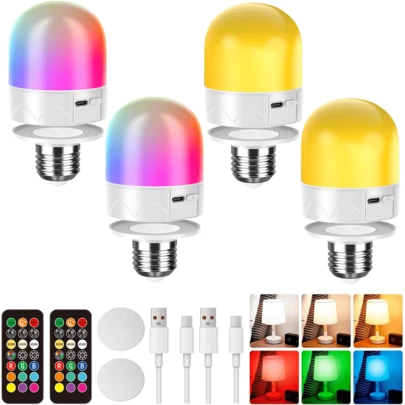 4PCS Rechargeable Light Bulb With Remote Control, Battery Operated Bulbs, 9 Colours, Dimmable, Outdoor Camping, Emergency Bulb With E27 Removable Lamp Holder