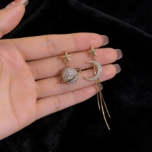 Asymmetrical Planet & Moon Earrings - Long Sparkling Tassel With Synthetic Zirconia, Nickel-Free Alloy Hypoallergenic Jewelry, Elegant Daily Wear Gift For Wome - Vàng - Xem 5