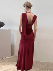 Elegant Long Cocktail Dress, Knot Design Flared Dress Dress, Suitable For Ladies Attending Parties Wedding Party - Burgundy - View 2