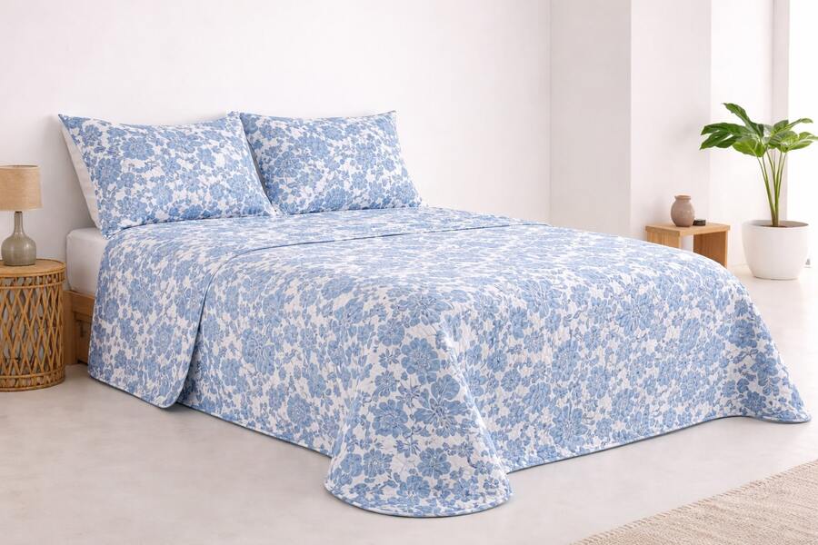 Kynley 夏季及換季床罩,100% 聚酯材質,輕薄柔軟,白色,搭配 45x70 公分枕套 - 藍色花朵 - 查看 1