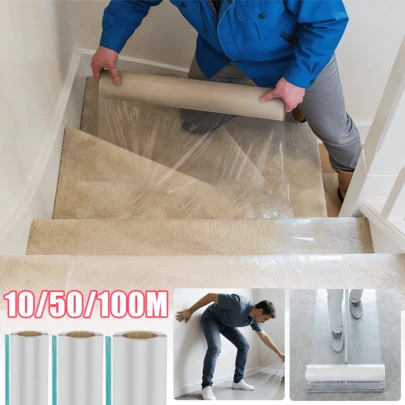 10/50/100M Self Adhesive Clear Carpet Protector Film Temporary Protecting Floor Dust Sheet Cover, Stairs Home Office Hotel Floor Carpet Protector Roll, Home Renovation Furniture Covering Film