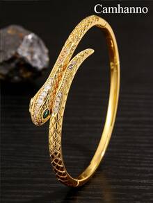 Camhanno 1 Pc - Captivating Serpentine Copper Bracelet With An Intertwined Design That Tells A Story, Featuring Full Zirconia Details And A Serpentine Texture That Creates A Unique And Sophisticated Feel. - Gold - View 8