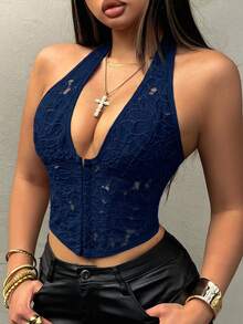 优雅性感蕾丝花卉刺绣抹胸露脐上衣，夏季露背钢圈吊带背心，不对称下摆，金属孔眼系带，适合海滩、夜店派对等休闲场合。 - 藏蓝色 - 查看 1