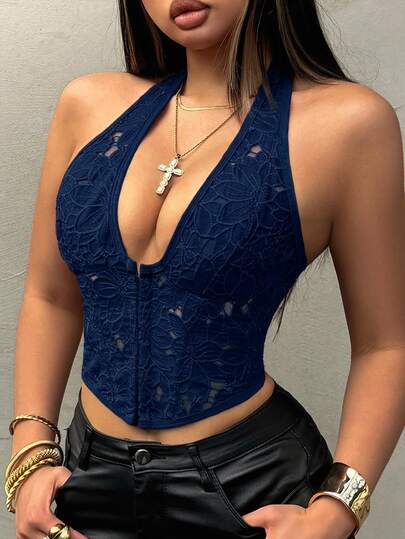 Floral Lace Embroidered Halter Tank Top With Boning Support, Asymmetrical Curved Hem, Suitable For Halloween, Carnival, Beach