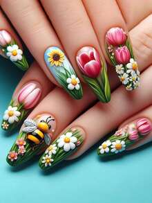 24pcs Spring And Summer Pink Tulips Press On Fake Nails , Cute Bees Nail Set Perfect For Everyday Wear - Multicolor - View 1