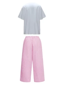Plus Size Lemon Print T-Shirt & Checkered Wide Leg Pants Set - Casual Coordinated Outfit, Comfortable Matching Autumn Wear, Effortless Women's Two Pieces Set,Streetwear Wome,Going Out Outfits - Màu Hồng Tươi - Xem 4