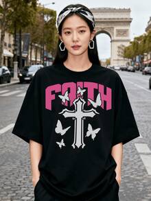 Camiseta de mujer con diseño de cruz cristiana y mariposa, Suave, transpirable e ideal para uso casual diario, perfecta para primavera y verano.blusas para mujer,san valentín ropa,san valentín,playeras de mujer - Negro - Ver 6