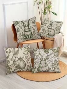 Bộ 4 vỏ gối in hình, gối tựa in hình thỏ cho ghế sofa phòng khách, kết hợp với cây xanh xung quanh để tạo không gian ấm cúng và tự nhiên. Sản phẩm cũng có sẵn dạng gối cùng kiểu dáng đựng trong giỏ, thích hợp cho trang trí nhà cửa, kích thước 17.7x17.7 inch. - màu xanh lá - Xem 5