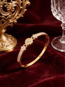 Camhanno 1 pièce - Bracelet en cuivre incrusté de fleurs en zircone. La texture complète en zircone est associée à un anneau circulaire dynamique, dégageant un sentiment de luxe et en faisant une touche de finition parfaite pour les tenues de tous les jours. - Doré - Voir 7