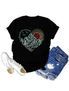 Women Adventure Outdoor Graphic Shirts Kindness Heart Printed Tops Workout Hiking Mountain Tshirts Nature Travel Tees Fashionable Plus Size Women's T-Shirt, Super Soft And Breathable Cotton | Comfortable Fit, Versatile Everyday Style, Suitable For All Seasons. - 黑色 - 查看 1