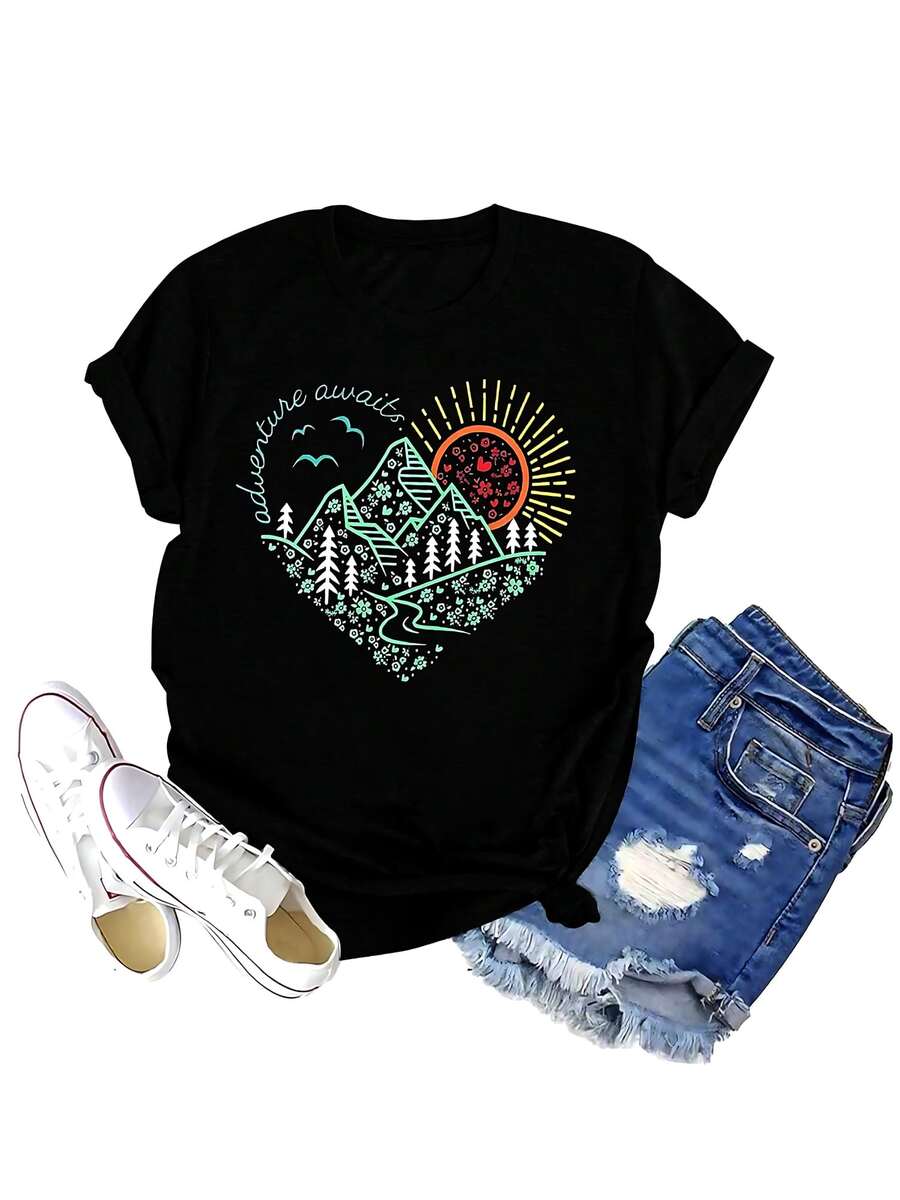 Women Adventure Outdoor Graphic Shirts Kindness Heart Printed Tops Workout Hiking Mountain Tshirts Nature Travel Tees Fashionable Plus Size Women's T-Shirt, Super Soft And Breathable Cotton | Comfortable Fit, Versatile Everyday Style, Suitable For All Seasons. - 黑色 - 查看 1