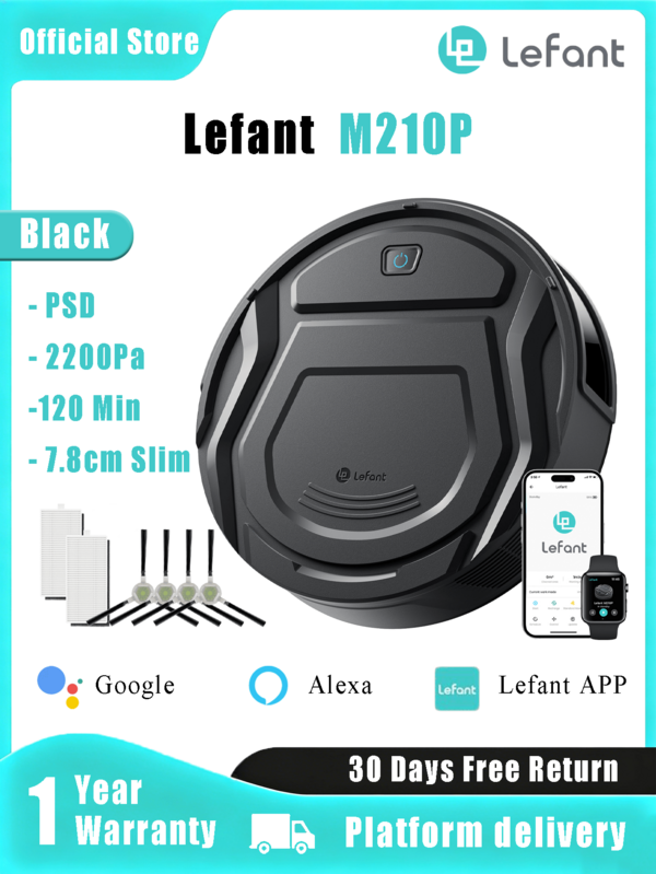 Lefant Rayvon M210P Robot Vacuum Cleaner, 3.1" Ultra-Thin, 11" Diameter, Auto Charging, 2200Pa Suction, 120 Min Runtime, Voice Control, Precise Obstacle Avoidance For Pet Hair & Carpet On Hard Floors In Kitchen, Living Room, Etc.