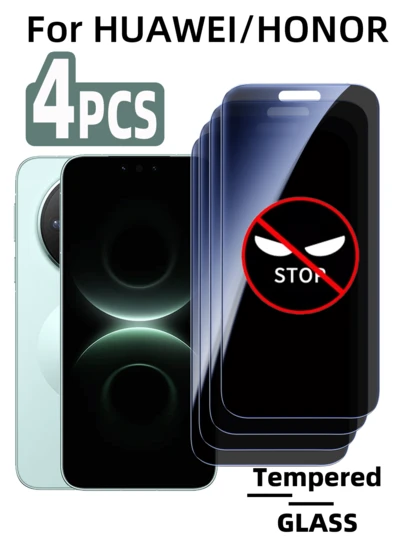 4 piezas Protector de pantalla de vidrio templado con privacidad, compatible con Huawei/Honor, alta definición, alta dureza, anti-espionaje, anti-huellas dactilares, anti-aceite, anti-arañazos, anti-rotura, fácil instalación, sin burbujas, sin bordes blancos, compatible con fundas de teléfono. Protección de pantalla esencial para uso diario, oficina y hogar.