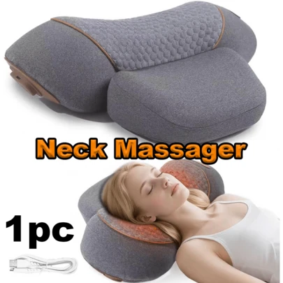 1pc Ergonomic Grey Neck Massage Pillow, 3-In-1 Cervical Massager With Heat, Vibration & Traction, Deep Tissue Pain Relief & Hump Corrector, Ideal For Home Office Napping & Travel, Breathable Fabric & Portable Rechargeable Design