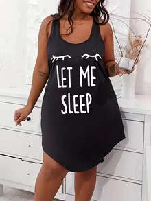 Plus Size Casual Lounge Dress, Women's Plus Eyelash & Letter Print Scoop Neck Racer Back Curve Hem Tank Sleep Dress - màu đen - Xem 1