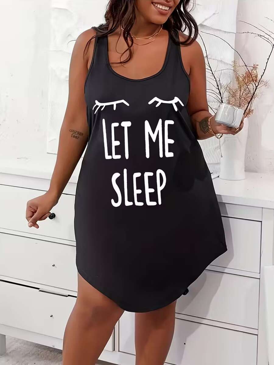 Plus Size Casual Lounge Dress, Women's Plus Eyelash & Letter Print Scoop Neck Racer Back Curve Hem Tank Sleep Dress - màu đen - Xem 1