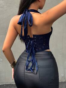 优雅性感蕾丝花卉刺绣抹胸露脐上衣，夏季露背钢圈吊带背心，不对称下摆，金属孔眼系带，适合海滩、夜店派对等休闲场合。 - 藏蓝色 - 查看 2