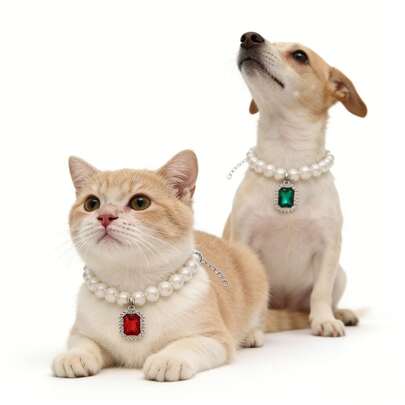 2件套奢华宠物项圈，狗狗项链 - 英伦风红绿方形吊坠，猫狗仿珍珠项链配饰