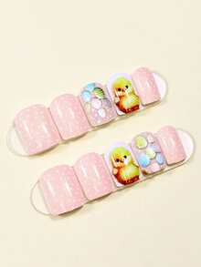 24片复活节可爱黄色小鸡按压式假指甲，粉色美甲套装，适合日常佩戴 - 彩色 - 查看 3