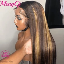 13x4 高光渐变蕾丝前额假发，高清隐形蕾丝，5*5 蕾丝前额假发，200% 密度真人混纺发，预先拔毛漂白发结，直发混纺真人发假发，女士款，28 英寸 #4/27 预拔毛高清蕾丝前额假发，带婴儿发。 - S4/27 - 查看 2