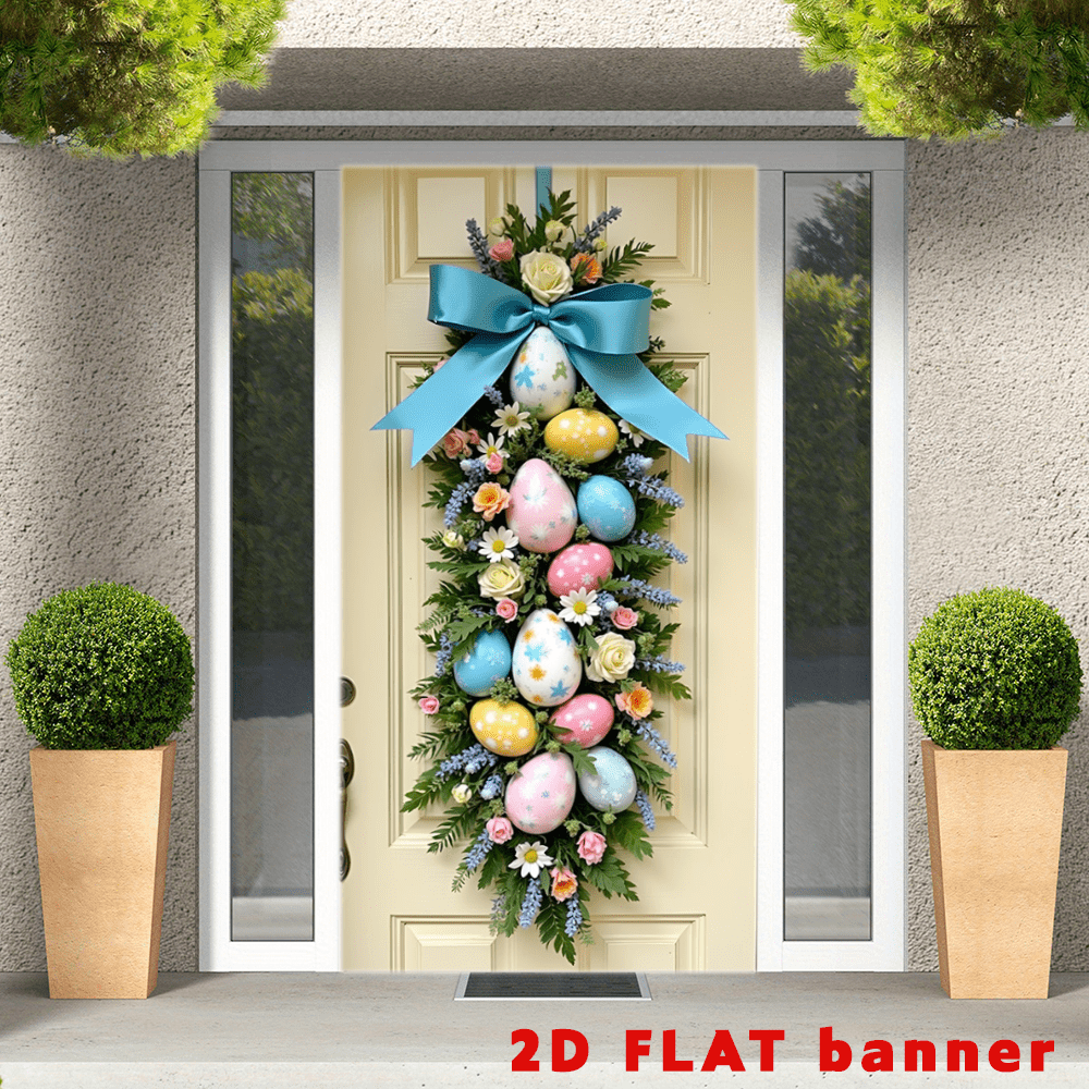 2D Door Banner 1pc DRIHANCO Polyester Easter Door Wreath - Vertical Hanging Banner With Pastel Eggs And Blue Ribbon, Multipurpose Indoor/Outdoor Decoration For Events & Party Supplies, No Electricity Needed