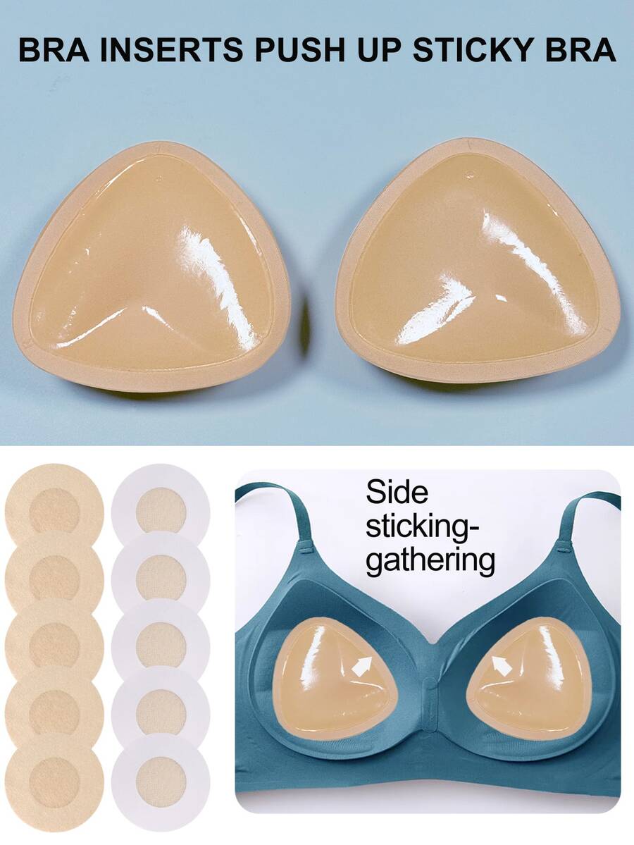 2/1 Pair Bikini Bra With Sponge Padding + 10 Non-Woven Fabric Breast Pads, Thickened, Breathable, Self-Adhesive, Non-Slip, Push-Up Upper Bust Support Bra Pads. - Multicolor - View 1