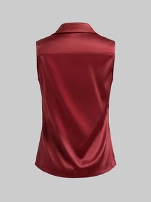 女士优雅酒红色垂褶领无袖衬衫，缎面滚边，适合日常通勤和约会场合，春夏款 - 酒紅色 - 查看 4