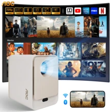 Proyector inteligente AOC, totalmente sellado, 720p nativo y compatible con 4k, 12000 lúmenes y enfoque automático y Android 12.0, proyectores con Wifi6 y Bluetooth 5.0, pantalla de 250'', proyector portátil para teléfono/PC/USB, hogar y exterior. - Champán - Ver 3
