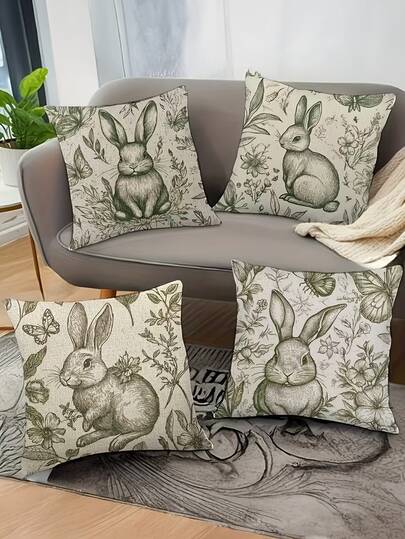 4pcs Easter Decorative Pillow Cover, Green-Toned Rabbit Print Pattern Perfect For Living Room Sofas And Bedroom Beds, Pair With Green Plants To Create A Cozy, Natural Ambiance, Ideal For Home Decor.