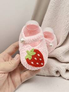 1 par de zapatos de satén blanco con bordado de fresa y decoración de perlas para bebés/niñas pequeñas - Rosa - Ver 2