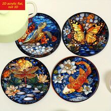 Bộ 4 đế lót ly tròn bằng acrylic phong cách Bohemian, in hình 2D phẳng hình rùa, bướm, chuồn chuồn và cá chép Koi, thích hợp cho nhà bếp, phòng ăn, quán cà phê, có khả năng cách nhiệt và chống trượt. - Nhiều màu - Xem 2