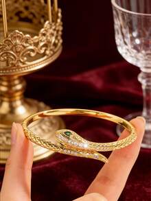 Camhanno 1 Pc - Captivating Serpentine Copper Bracelet With An Intertwined Design That Tells A Story, Featuring Full Zirconia Details And A Serpentine Texture That Creates A Unique And Sophisticated Feel. - Gold - View 3