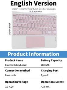 Detachable Rechargeable Touchpad Keyboard Case With Pen Slot, Compatible With Samsung Galaxy Tab / IPad / Redmi Pad SE, Magnetic Bluetooth Keyboard Cover (Pink) - Pink - View 8