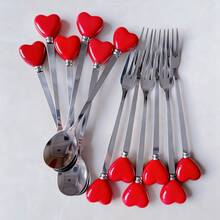 6/12pcs Stainless Steel Cutlery Set With Heart-Shaped Handles, Including Coffee Spoons, Ice Cream/Dessert Spoons, Salad Forks, Creative Heart Design, Cute Condiment Spoons, Perfect For Party & Afternoon Tea - Multicolor - View 1