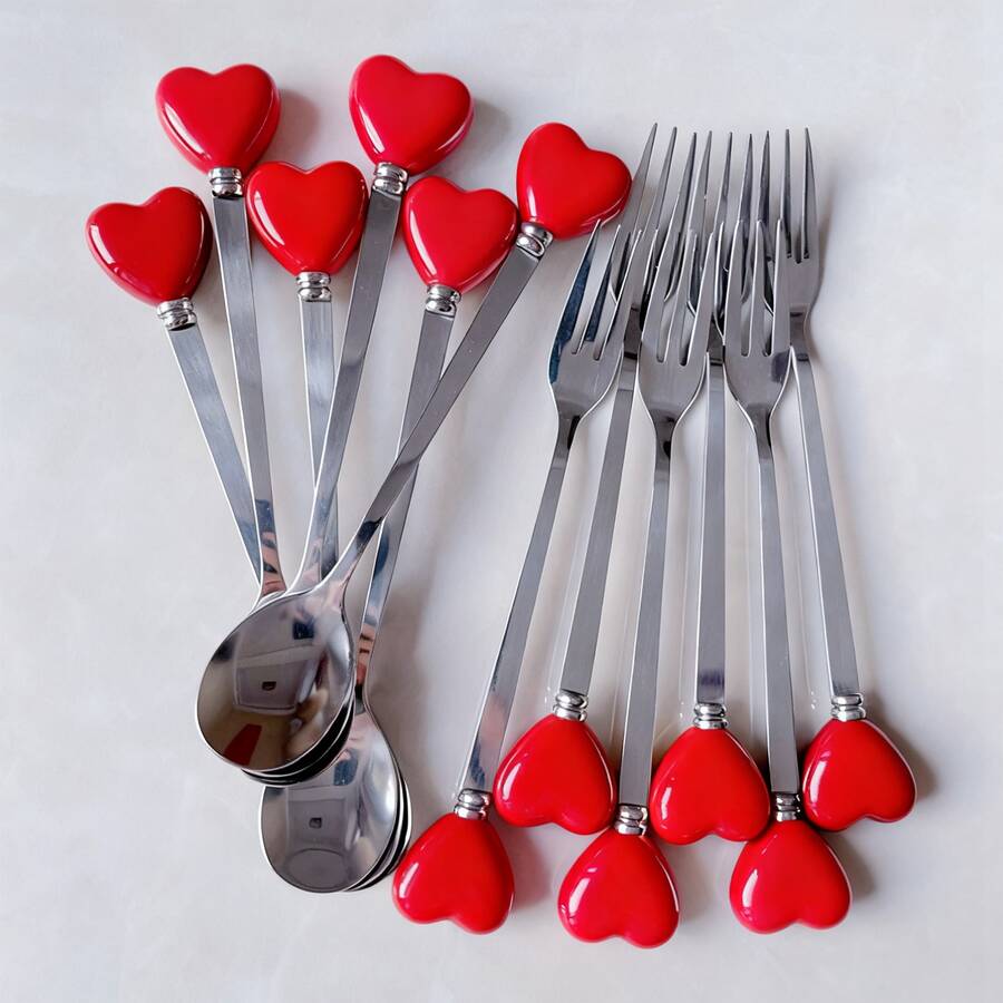 6/12pcs Stainless Steel Cutlery Set With Heart-Shaped Handles, Including Coffee Spoons, Ice Cream/Dessert Spoons, Salad Forks, Creative Heart Design, Cute Condiment Spoons, Perfect For Party & Afternoon Tea - Multicolor - View 1