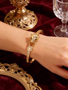 Camhanno 1 Piece - Cheetah Head Bronze Bracelet, The Gold Plating Process Makes The Zirconia Sparkle, The Green-Eyed Cheetah Has A Cool And Stylish Aura, And Is The Perfect Finishing Touch To Your Personal Style. - Gold - View 6