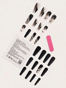 24PCS Matte Black & Gold Butterfly Coffin Nails – Luxury Nails Press On - Multicolor - View 2