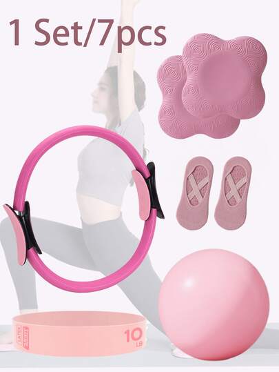 1Set/7 Pcs Yoga And Pilates Exercise Set - Home Fitness Equipment For Women - Includes Booty Resistance Bands, Mini Pilates Yoga Ball, Yoga Socks, Stretch Strap, Yoga Knee Pad. Suitable For Leg, Arm And Thigh Workouts At Home.