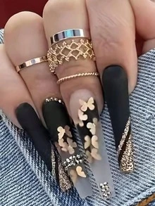 24PCS Matte Black & Gold Butterfly Coffin Nails – Luxury Nails Press On - Multicolor - View 7