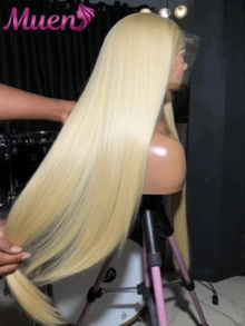 200% Density 613# Blonde Straight 13*4 Transparent Ear To Ear Lace Front Hair Wig Pre Plucked Pre Bleached Wig Blended Human Hair Wigs- For Women Natural Hairline With Baby Hair 613# - S/613 - View 1