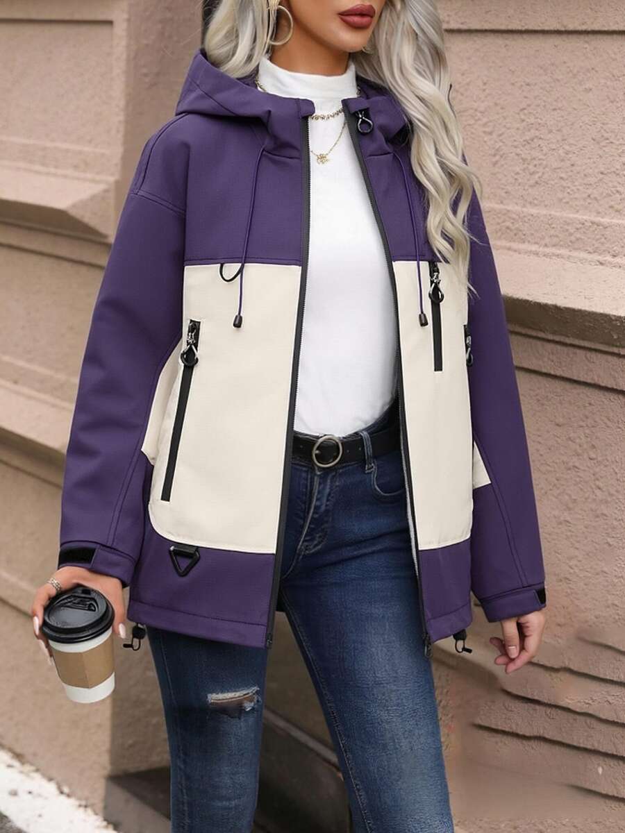 Women's Spring/Autumn Hooded Jacket – Casual Sporty Design, Stylish Versatile Color-Block Style, Ins Hit, Balancing Comfort And Fashion. Perfect As A Birthday Gift For Your Girlfriend Or Family Members. - 紫色 - 查看 1
