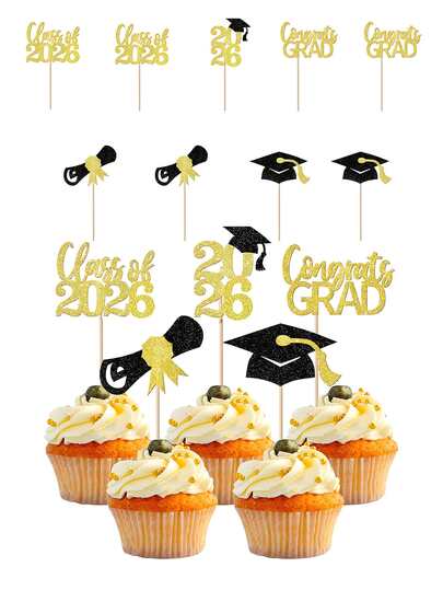 10个2026毕业主题纸杯蛋糕装饰插牌，闪光毕业帽文凭纸杯蛋糕插签，2026毕业主题派对用品，蓝金配色