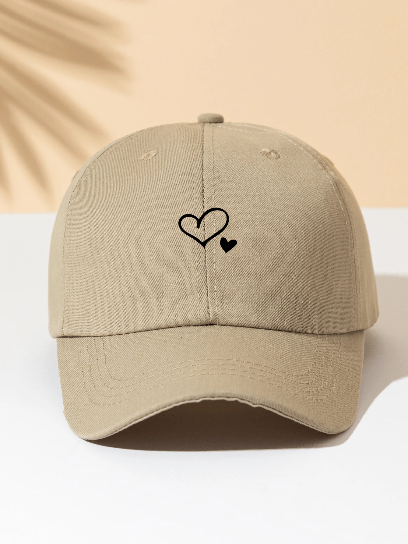 1pc White Baseball Cap With 2 Heart Designs, Unisex Outdoor Sun Hat, Essential Item - Khaki - View 1