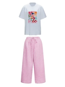 Plus Size Lemon Print T-Shirt & Checkered Wide Leg Pants Set - Casual Coordinated Outfit, Comfortable Matching Autumn Wear, Effortless Women's Two Pieces Set,Streetwear Wome,Going Out Outfits - Màu Hồng Tươi - Xem 3
