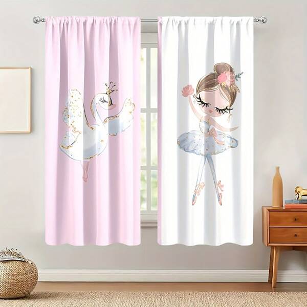 2pcs Machine Washable Modern Princess & Swan Dance Design Semi-Sheer Curtain Panels, Polyester, Rod Pocket Hanging, Decorative Printed For Living Room, Bedroom, All Seasons