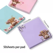 3Pads 高地牛图案便利贴，共150张，粉色、蓝色、紫色花卉动物图案便签纸，强力粘性提醒便签，创意办公桌装饰，趣味学习用品 - 彩色 - 查看 5